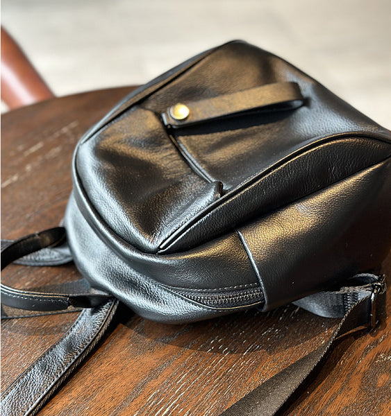 Cute Women's Black Leather Backpack Purse Mini Leather Rucksack Bag Gift-idea