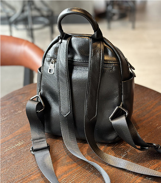 Cute Women's Black Leather Backpack Purse Mini Leather Rucksack Bag Handmade