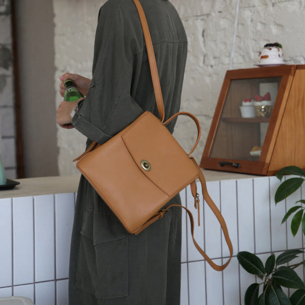 Cute Women's Brown Leather Backpack Purse Ladies Brown Leather Rucksack Accessories