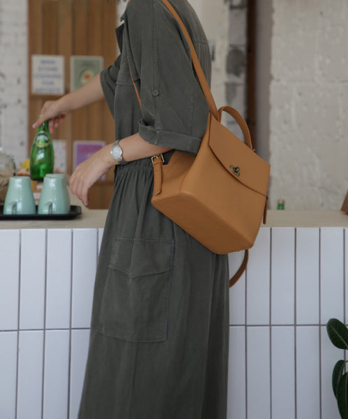 Cute Women's Brown Leather Backpack Purse Ladies Brown Leather Rucksack Aesthetic