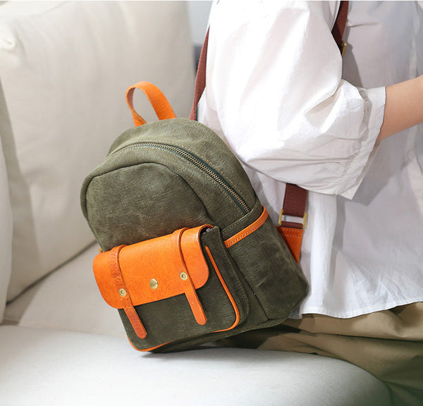 Small Womens Brown Leather and Green Canvas Backpack Ladies Rucksack