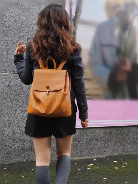Cute Women's Small Leather Backpack Purse Ladies Brown Leather Rucksack Bag Beautiful