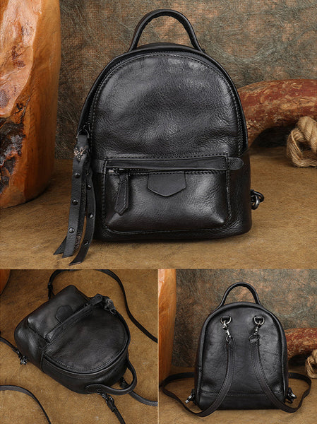 Cute Womens Genuine Leather Bckpack Purse Leather Rucksack Black