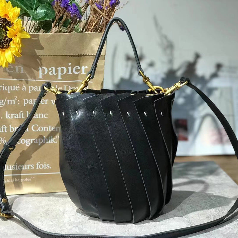 Cute Womens Genuine Leather Bucket Bags Shoulder Handbags Black