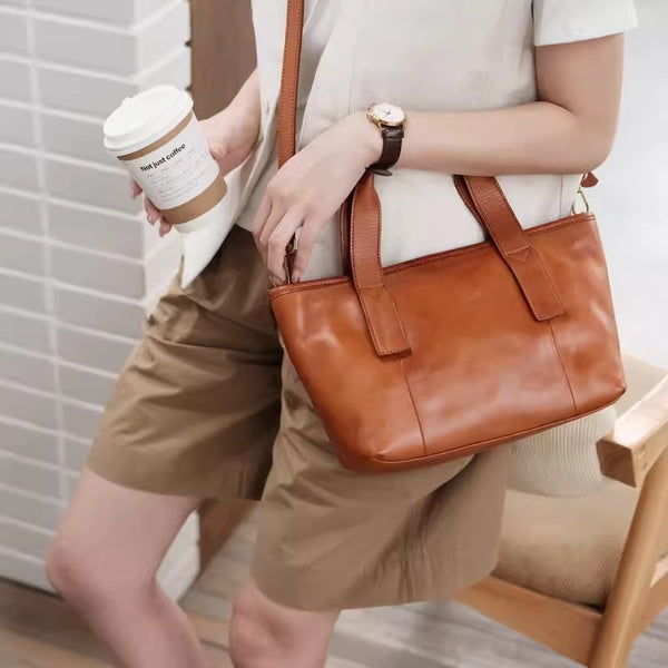 Cute Womens Small Tote Bag With Zipper Brown Leather Shoulder Bag Affordable
