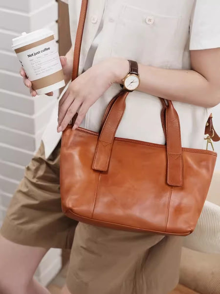 Cute Womens Small Tote Bag With Zipper Brown Leather Shoulder Bag