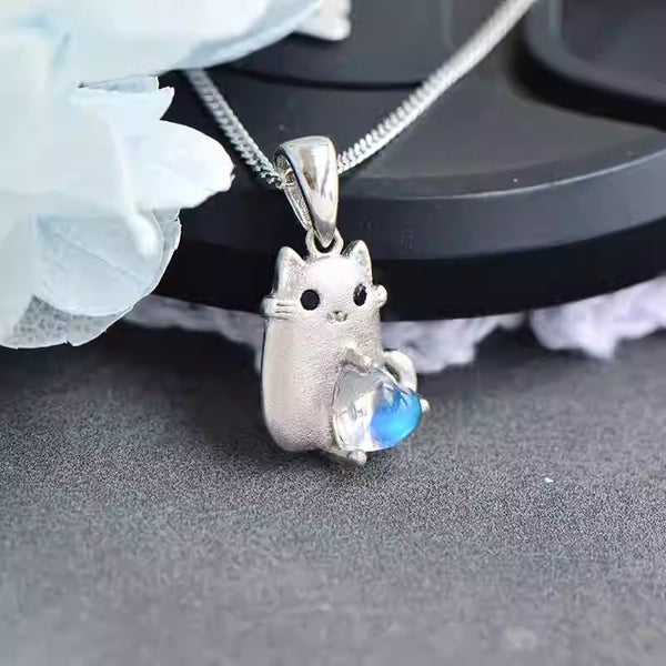Cute Womens Sterling Silver Cat Necklace Moonstone Pendant Necklace