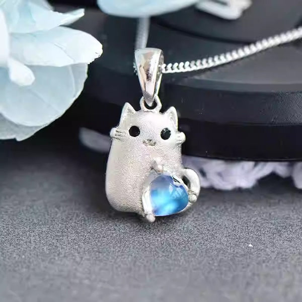 Cute Womens Sterling Silver Cat Necklace Moonstone Pendant Necklace Beautiful