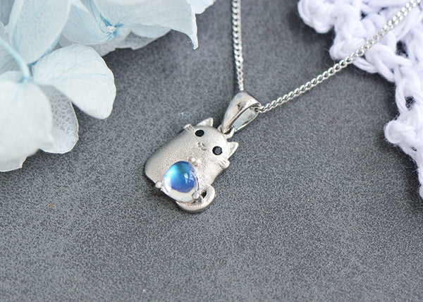Cute Womens Sterling Silver Cat Necklace Moonstone Pendant Necklace Fashion