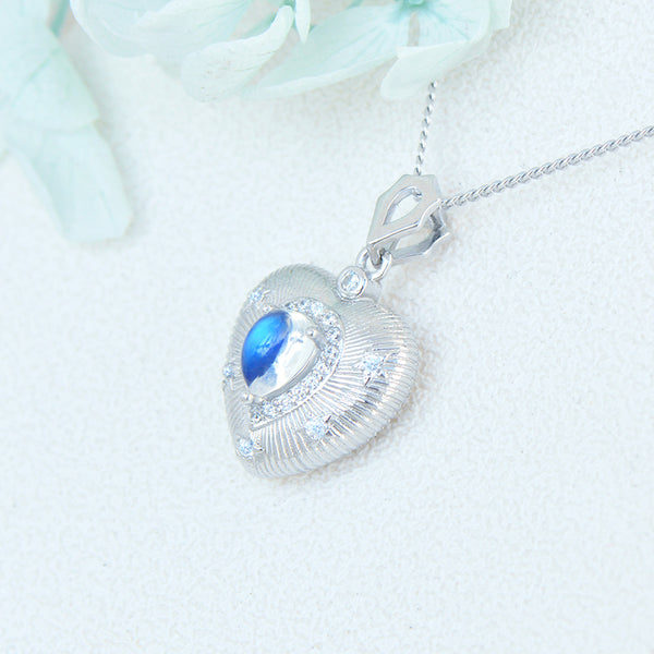 Elegant Ladies Blue Moonstone Pendant Necklace Heart Silver Locket Necklace For Women