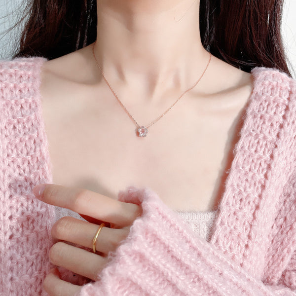 Elegant Ladies Silver Necklace with Rose Quartz Cherry Blossoms Pendant Beautiful