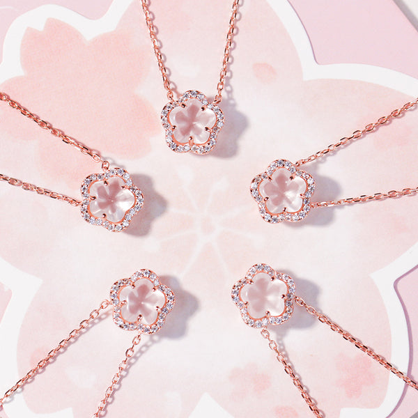 Elegant Ladies Silver Necklace with Rose Quartz Cherry Blossoms Pendant Quality