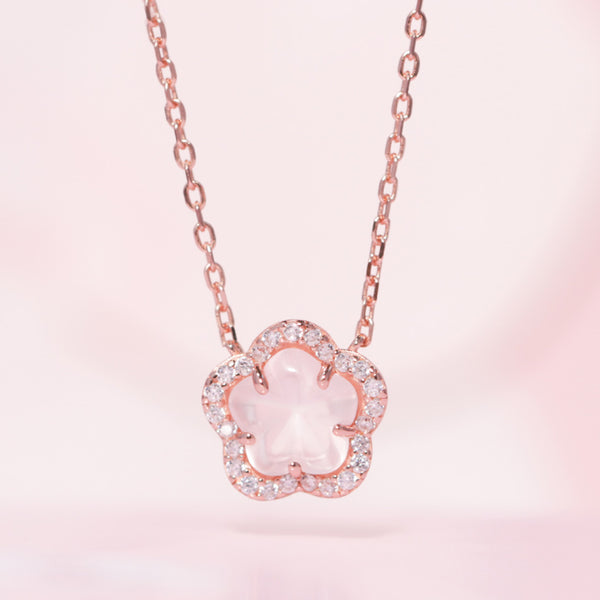 Elegant Ladies Silver Necklace with Rose Quartz Cherry Blossoms Pendant Classy