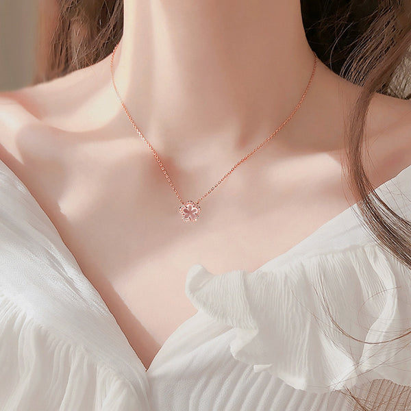 Elegant Ladies Silver Necklace with Rose Quartz Cherry Blossoms Pendant Sleek