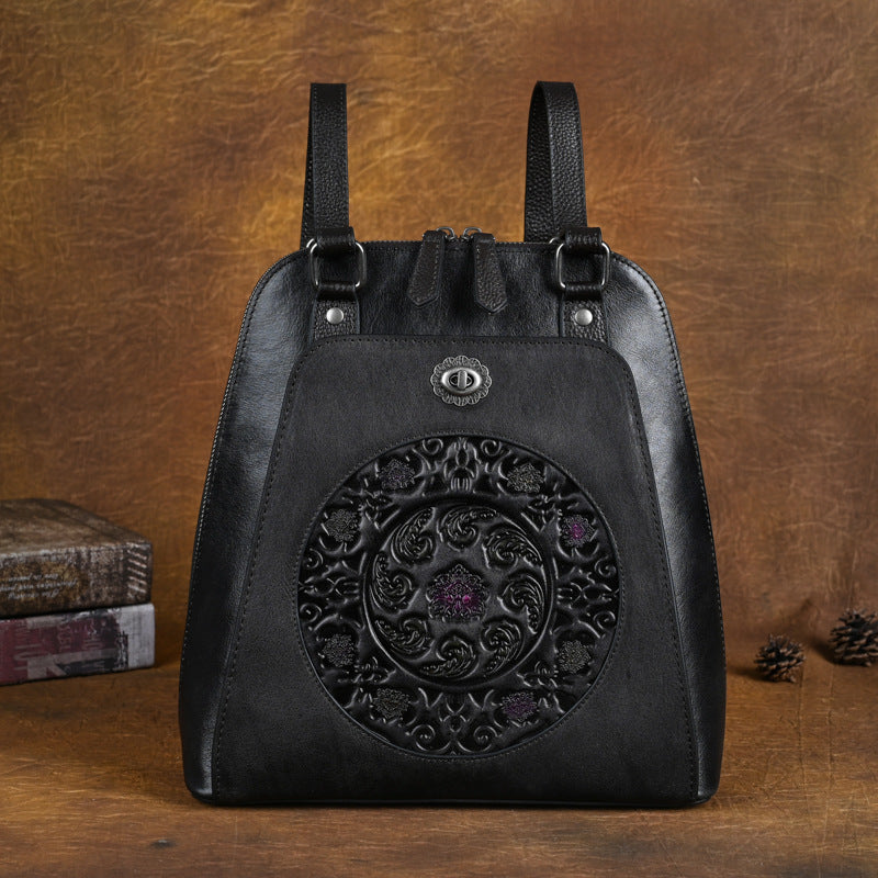 Embossed Pattern Women's Small Leather Backpack Purse Leather Rucksack Affordable