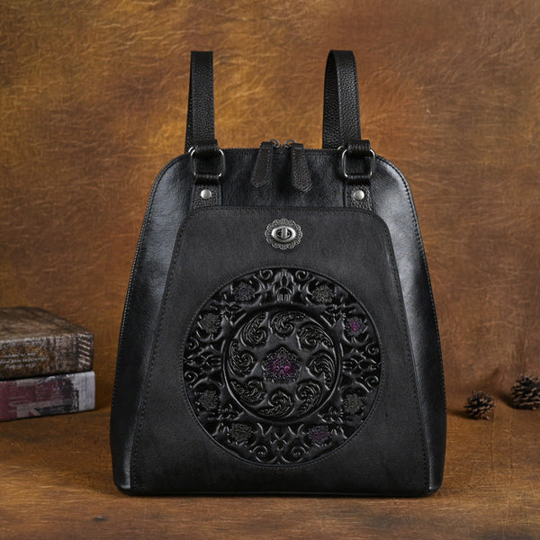 Embossed Pattern Women's Small Leather Backpack Purse Leather Rucksack Affordable