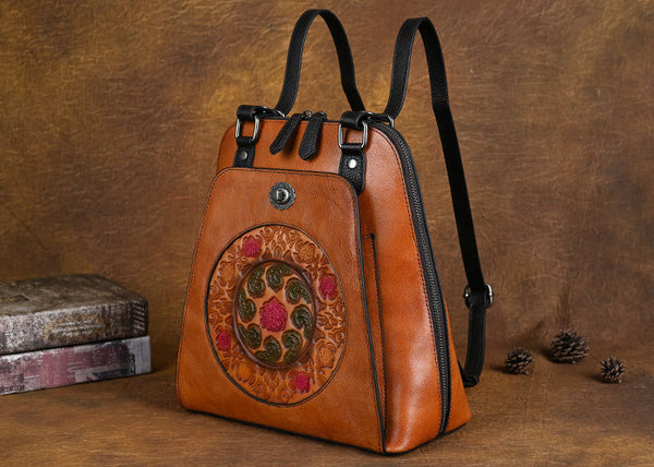 Embossed Pattern Women's Small Leather Backpack Purse Leather Rucksack Beautiful