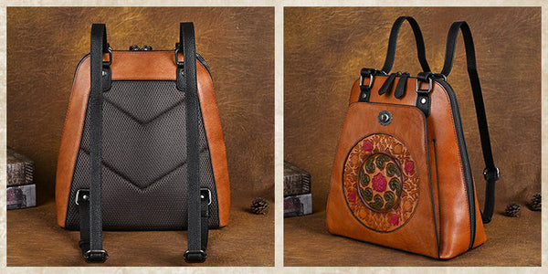 Embossed Pattern Women's Small Leather Backpack Purse Leather Rucksack Brown