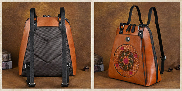 Embossed Pattern Women's Small Leather Backpack Purse Leather Rucksack Brown