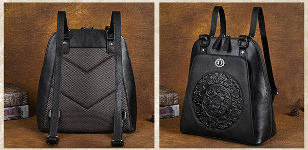 Embossed Pattern Women's Small Leather Backpack Purse Leather Rucksack Chic