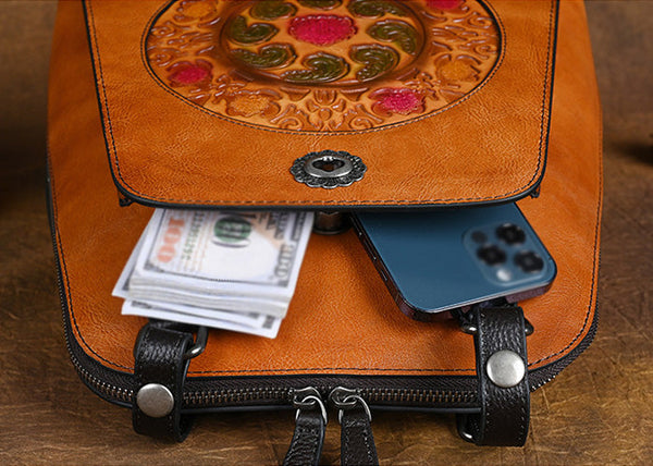 Embossed Pattern Women's Small Leather Backpack Purse Leather Rucksack Details