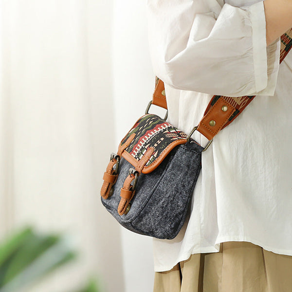 Ethnic Style Ladies Small Canvas Crossbody Bag Women's Satchel Bag Details