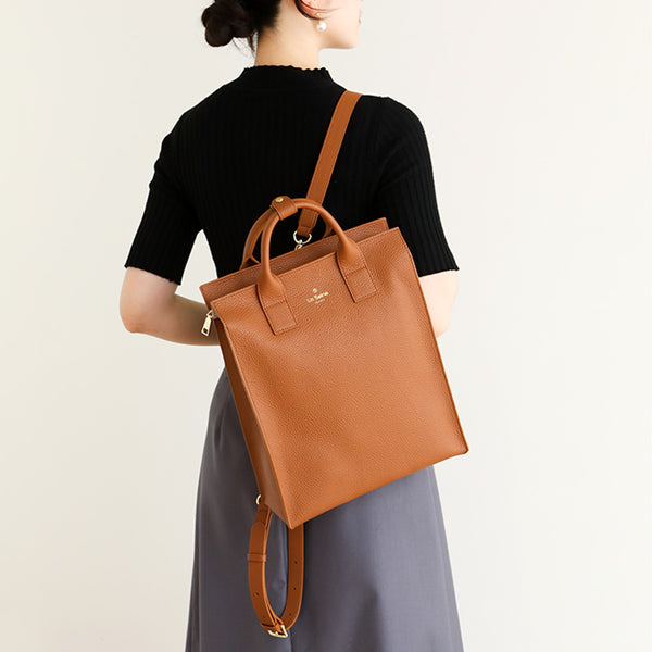 Functional Square Leather Backpack Top Handle Handbag for Women Brown