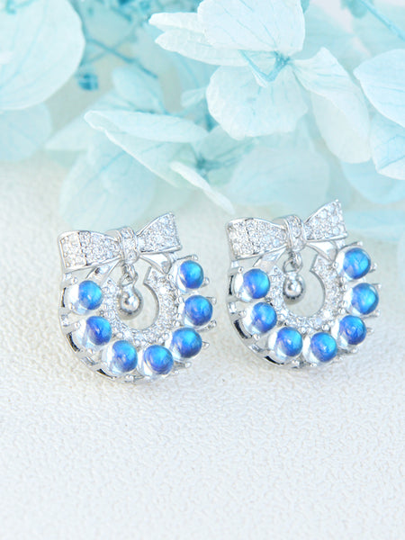 Genuine Blue Moonstone Silver Earrings Christmas Wreath Silver Stud Earrings For Women Beautiful