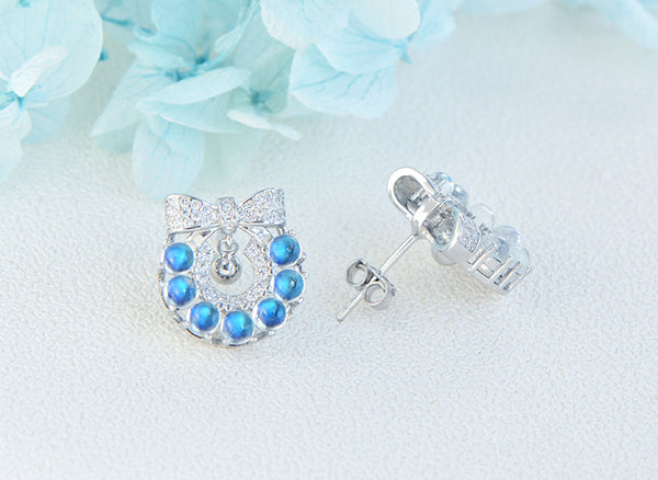 Genuine Blue Moonstone Silver Earrings Christmas Wreath Silver Stud Earrings For Women Details