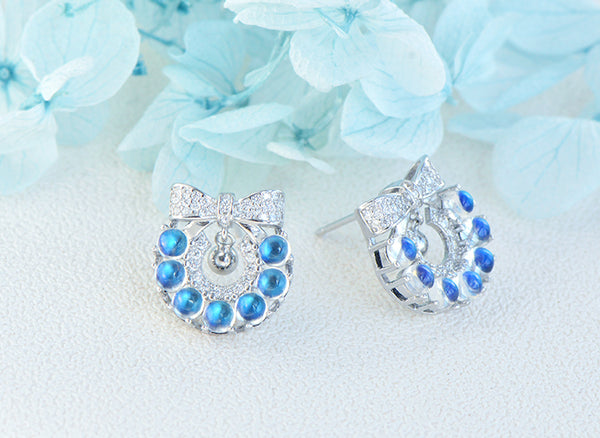 Genuine Blue Moonstone Silver Earrings Christmas Wreath Silver Stud Earrings For Women Gift-idea