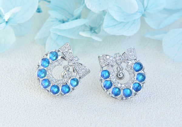 Genuine Blue Moonstone Silver Earrings Christmas Wreath Silver Stud Earrings For Women Gift