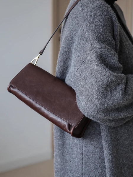 Genuine Leather Baguette Shoulder Bag for Women Vintage Underarm Purse with Detachable Straps