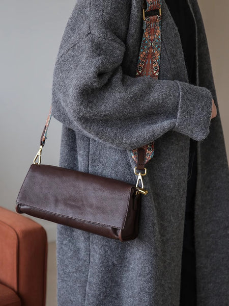 Genuine Leather Baguette Shoulder Bag for Women Vintage Underarm Purse with Detachable Straps Brown