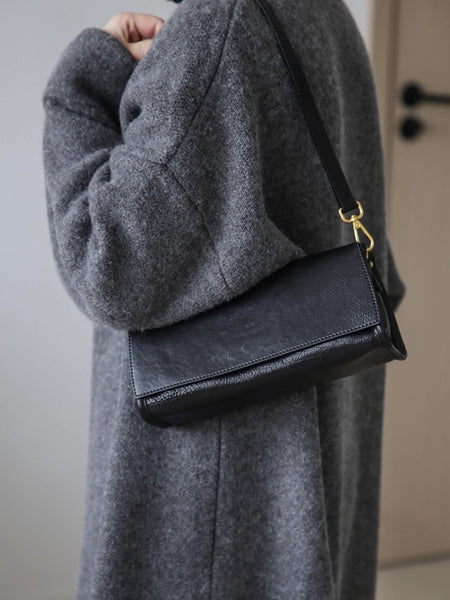 Genuine Leather Baguette Shoulder Bag for Women Vintage Underarm Purse with Detachable Straps Chic