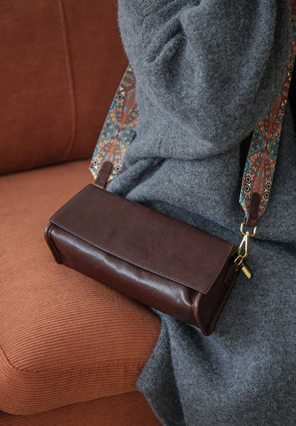Genuine Leather Baguette Shoulder Bag for Women Vintage Underarm Purse with Detachable Straps Cute