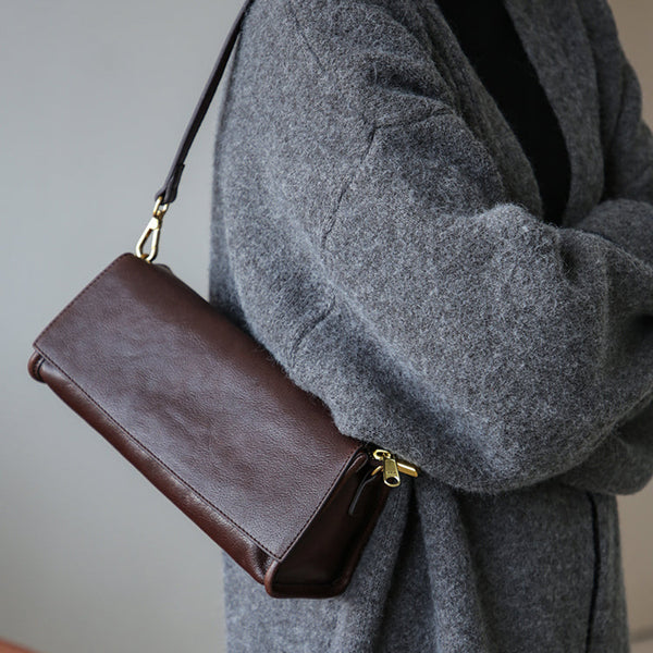 Genuine Leather Baguette Shoulder Bag for Women Vintage Underarm Purse with Detachable Straps