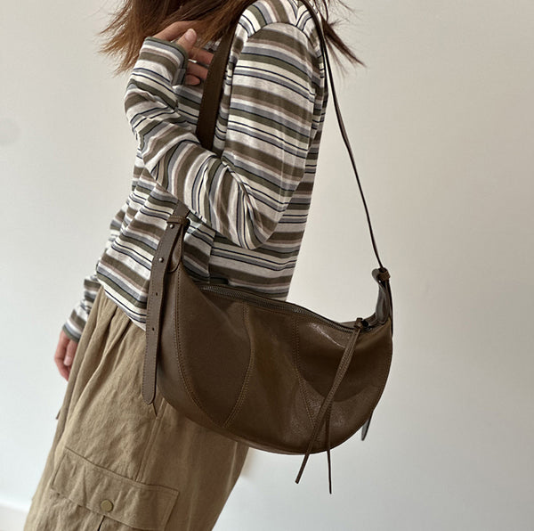 Genuine Leather Crescent Crossbody Bag for Women Adjustable Shoulder Bag with Zipper CompartmentsBadass
