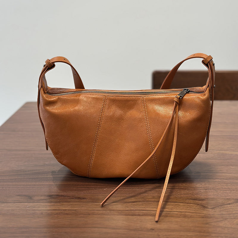 Genuine Leather Crescent Crossbody Bag for Women Adjustable Shoulder Bag with Zipper CompartmentsBrown