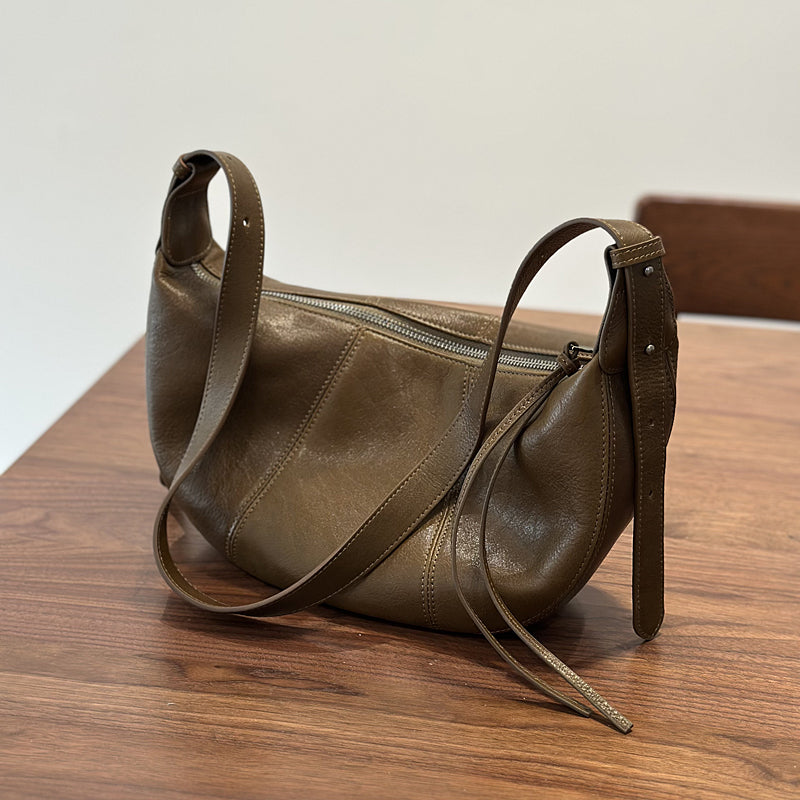 Genuine Leather Crescent Crossbody Bag for Women Adjustable Shoulder Bag with Zipper CompartmentsChic