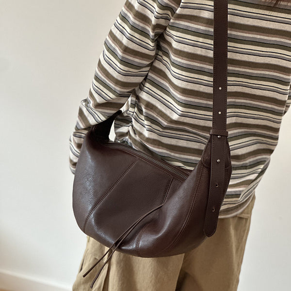 Genuine Leather Crescent Crossbody Bag for Women Adjustable Shoulder Bag with Zipper Compartments Funky