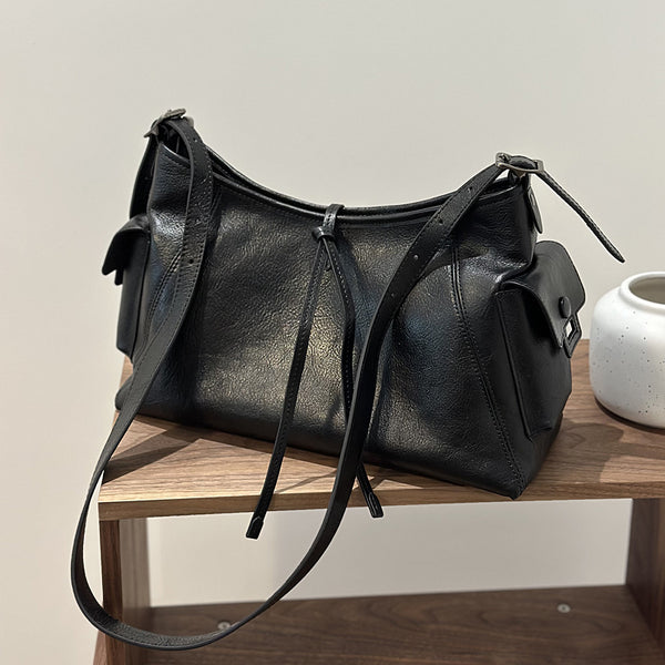 Genuine Leather Shoulder Bag for Women Minimalist Large Capacity Crossbody Tote for Work and Everyday Use Black