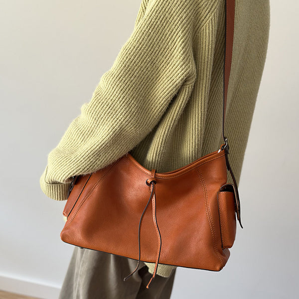 Genuine Leather Shoulder Bag for Women Minimalist Large Capacity Crossbody Tote for Work and Everyday Use Cowhide