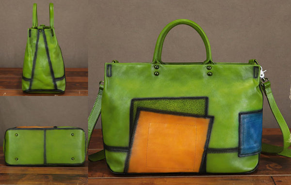 Handcrafted Genuine Leather Tote Bag for Women – Vintage Patchwork Handbag with Shoulder Strap Vintage