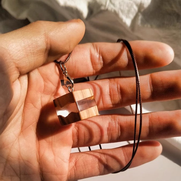 Handmade Sandalwood Resin Pendant Necklace Adjustable Wax Cord Natural Wooden Cube Jewelry for Men and Women Affordable