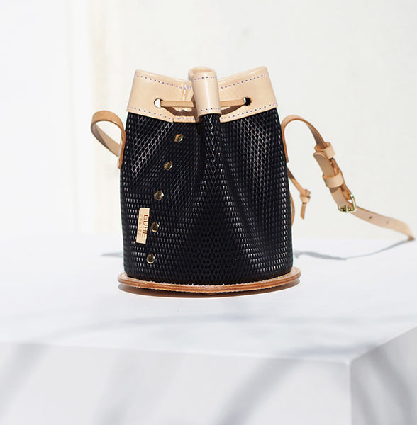 Handmade Womens Bucket Bag Genuine Leather Black Small Shoulder Purse For Women