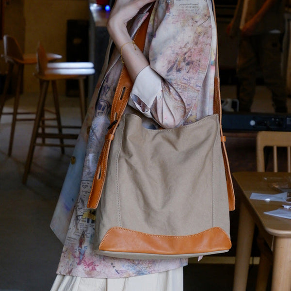 Chic Womens Green Canvas And Leather Handbags Small Over The Shoulder Purse