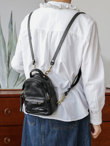 Ladies Cute Leather Mini Backpack Purse Brown Leather Rucksack Bag Black