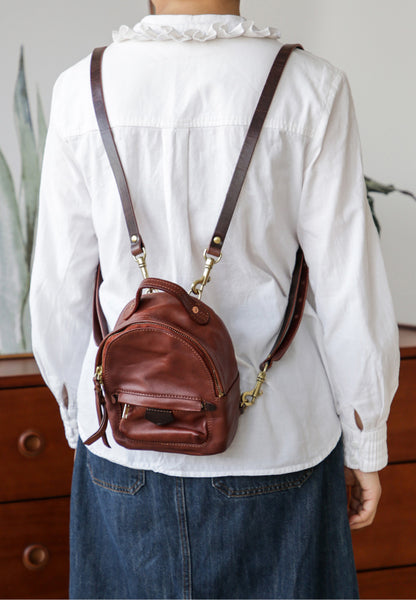 Ladies Cute Leather Mini Backpack Purse Brown Leather Rucksack Bag
