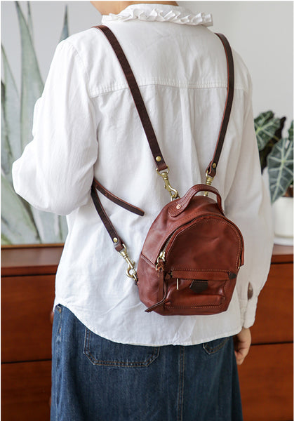Ladies Cute Leather Mini Backpack Purse Brown Leather Rucksack Bag Cute