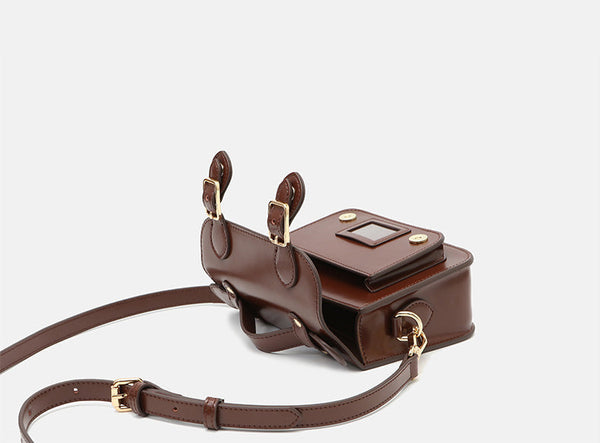 Ladies Mini Leather Crossbody Bag Brown Shoulder Bag Details